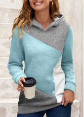 ROTITA Decorative Button Light Blue Contrast Long Sleeve Hoodie
