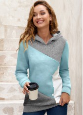 Contrast Color tops,ROTITA Decorative Button Light Blue Contrast Long Sleeve Hoodie