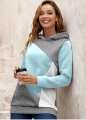 Contrast Color tops,ROTITA Decorative Button Light Blue Contrast Long Sleeve Hoodie