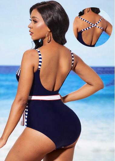 Striped swimwear,ROTITA Decorative Belt Striped Navy Blue One Piece Swimwear