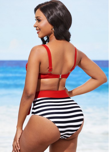 Multi Color swimwear,Striped swimwear,ROTITA Stripe Print Color Block High Waisted Bikini Set
