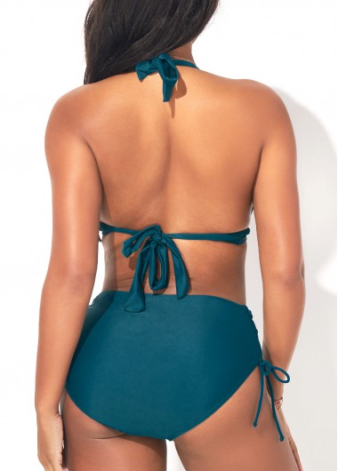 Peacock Blue swimwear,Plain Color swimwear,ROTITA Mid Waist Halter Peacock Blue Bikini Set