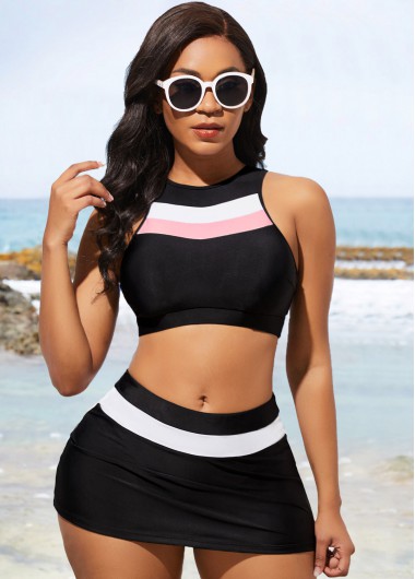 Black swimwear,Contrast Color swimwear,ROTITA Mid Waist Contrast Black Bikini Set