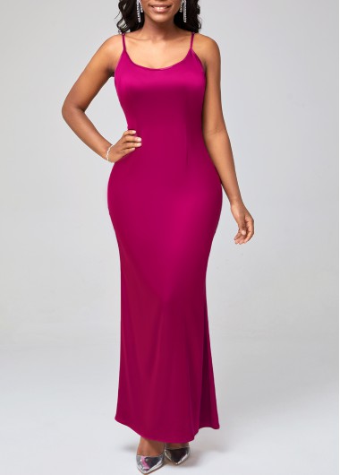 Hot Pink dresses,Plain Color dresses,ROTITA Spaghetti Strap Satin Rose Red Mermaid Dress