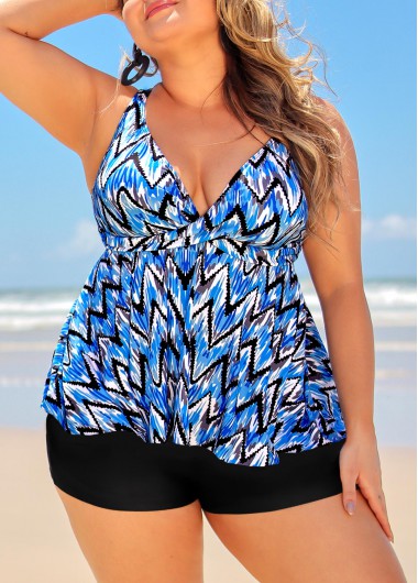 Blue plus size,Chevron plus size,ROTITA Plus Size Blue Chevron Print Tankini Top