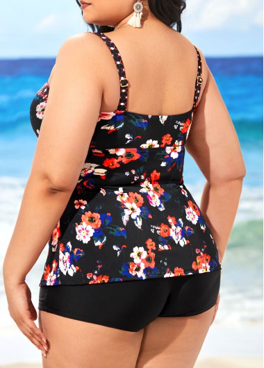 Black plus size,Floral plus size,Plus Size Black Floral Print Tankini Top