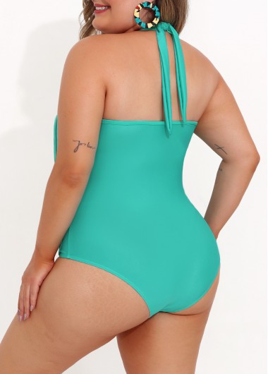 Cyan plus size,Plain Color plus size,Plus Size Tassel Halter Cyan One Piece Swimwear