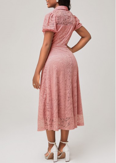 Dusty Pink dresses,Plain Color dresses,ROTITA Turndown Collar Dusty Pink Lace Short Sleeve Dress