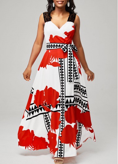 White dresses,Floral dresses,ROTITA Belted Floral Print White Side Slit Dress