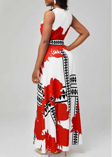 White dresses,Floral dresses,ROTITA Belted Floral Print White Side Slit Dress