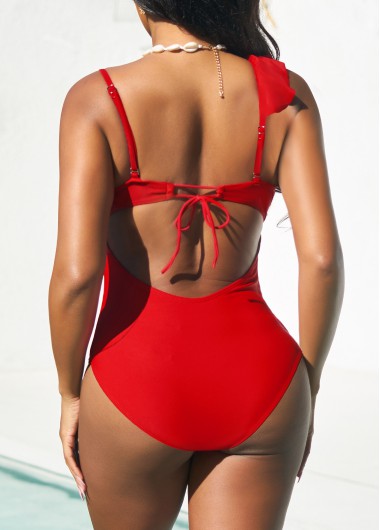 Red swimwear,Plain Color swimwear,ROTITA Flounce Tie Back Red One Piece Swimwear