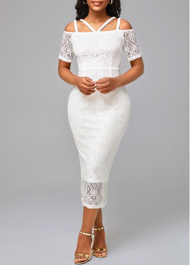 White dresses,Plain Color dresses,ROTITA Short Sleeve Lace White Bodycon Dress