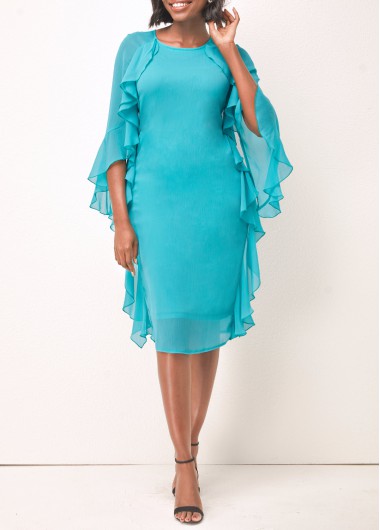 Turquoise dresses,Plain Color dresses,ROTITA Turquoise Ruffle Sleeve Faux Two Piece Dress