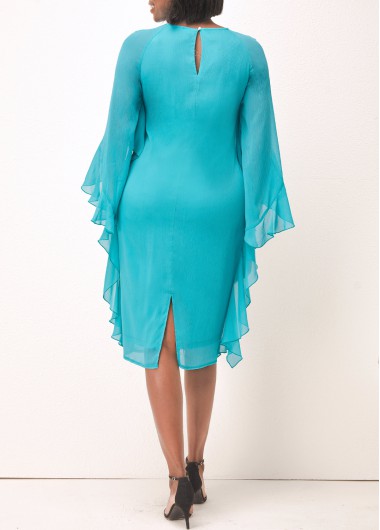 Turquoise dresses,Plain Color dresses,ROTITA Turquoise Ruffle Sleeve Faux Two Piece Dress