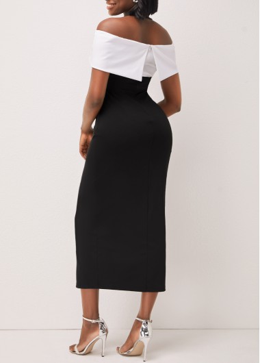 Black dresses,Contrast Color dresses,ROTITA Off Shoulder Decorative Button Black Contrast Dress