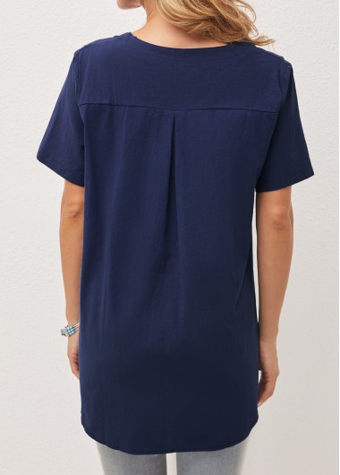 Plain Color tops,Mesh Stitching Split Neck Navy Blue T Shirt