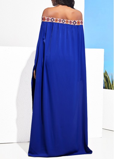 Royal Blue tops,Tribal tops,ROTITA Off Shoulder Geometric Print Royal Blue Front Slit Blouse