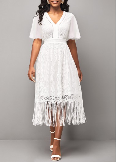 White dresses,Plain Color dresses,ROTITA Lace Stitching White V Neck Butterfly Sleeve Dress