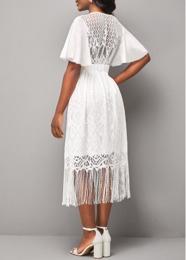 White dresses,Plain Color dresses,ROTITA Lace Stitching White V Neck Butterfly Sleeve Dress