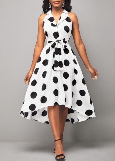 White dresses,Dot dresses,ROTITA Turndown Collar Belted Polka Dot White Dress