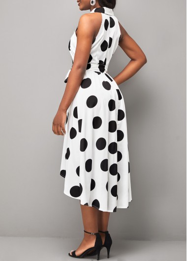 White dresses,Dot dresses,ROTITA Turndown Collar Belted Polka Dot White Dress
