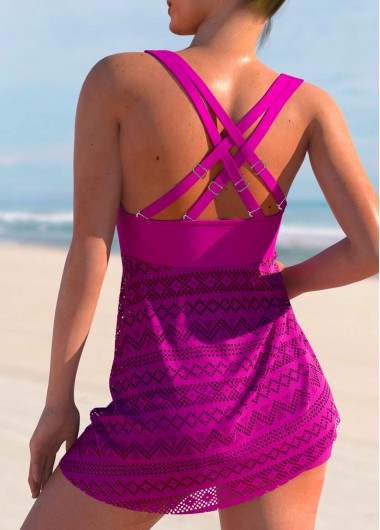 Dark Reddish Purple swimwear,Plain Color swimwear,ROTITA Purple Red Lace Stitching Cross Strap Swimdress and Shorts