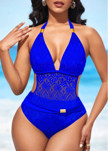 Royal Blue swimwear,Plain Color swimwear,ROTITA Sheer Halter Lace Royal Blue One Piece Swimwear