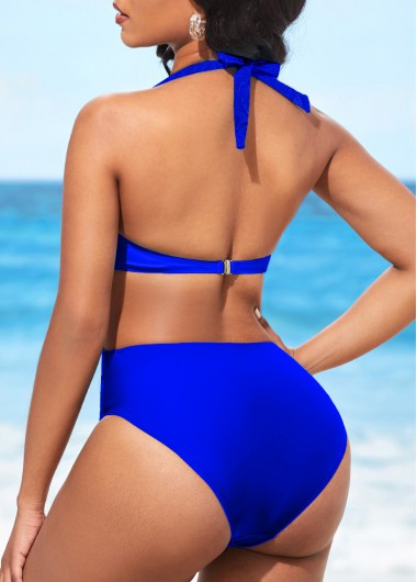 Royal Blue swimwear,Plain Color swimwear,ROTITA Sheer Halter Lace Royal Blue One Piece Swimwear