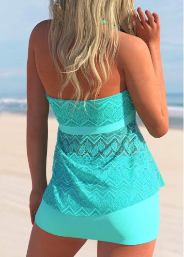 Cyan swimwear,Plain Color swimwear,ROTITA Lace Patchwork Bowknot Cyan Tankini Set