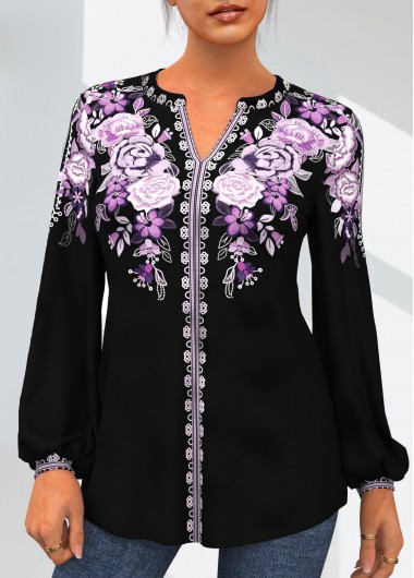 Purple tops,Floral tops,ROTITA Tribal Floral Print Split Neck Purple Blouse