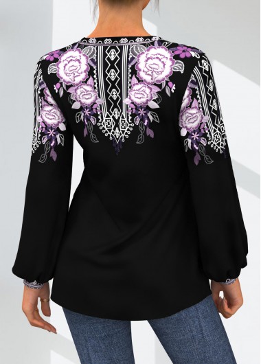Purple tops,Floral tops,ROTITA Tribal Floral Print Split Neck Purple Blouse