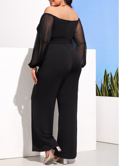 Black plus size,Plain Color plus size,Black Plus Size Off Shoulder Buckle Belted Jumpsuit