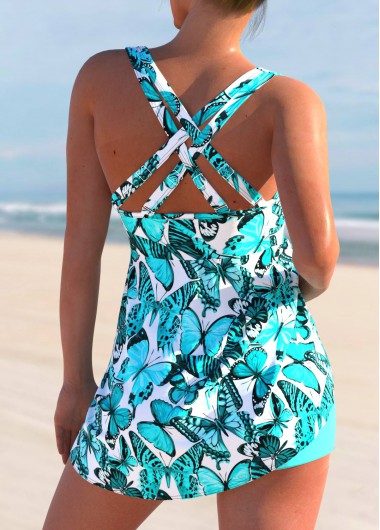 Cyan swimwear,Animal Print swimwear,ROTITA Cyan Cross Strap Butterfly Print Swimdress and Shorts