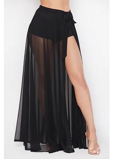 Black swimwear,Plain Color swimwear,ROTITA High Waist Black Side Slit Mesh Pantskirt