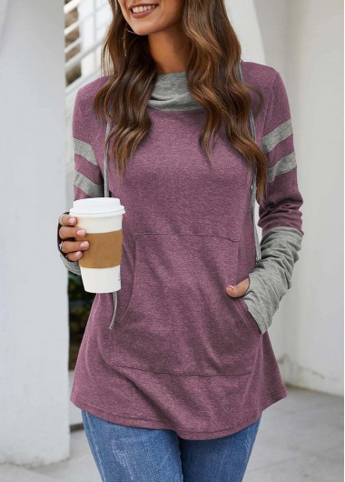 Dusty Pink tops,Striped tops,Hooded Collar Kangaroo Pocket Dusty Pink T Shirt