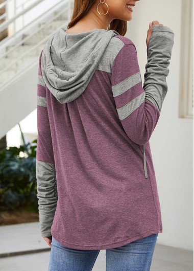 Striped tops,Hooded Collar Kangaroo Pocket Dusty Pink T Shirt