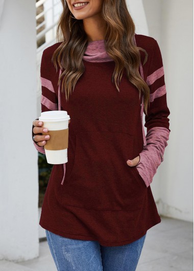 Wine Red tops,Striped tops,Wine Red Kangaroo Pocket Hooded Collar T Shirt