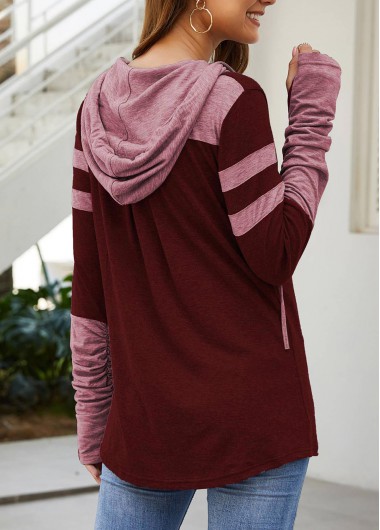 Wine Red tops,Striped tops,Wine Red Kangaroo Pocket Hooded Collar T Shirt