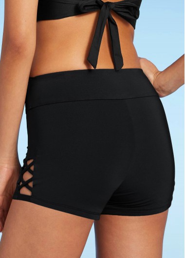 Black swimwear,Plain Color swimwear,ROTITA Lace Up Black Mid Waist Swim Shorts