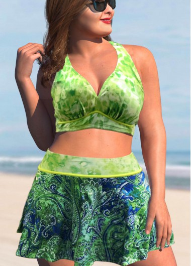 Green plus size,Paisley plus size,ROTITA Plus Size Paisley Print High Waisted Green Bikini Set