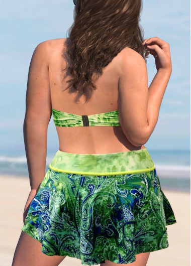 Green plus size,Paisley plus size,ROTITA Plus Size Paisley Print High Waisted Green Bikini Set