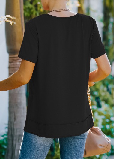 Black tops,Plain Color tops,Decorative Button Black Short Sleeve T Shirt