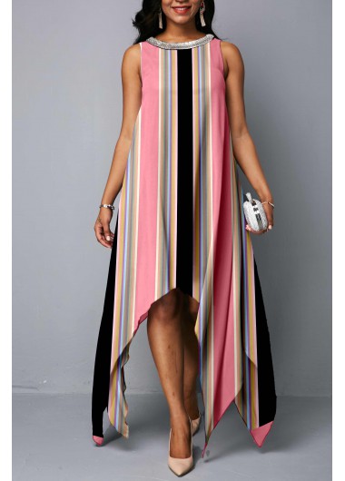 Pink dresses,Striped dresses,ROTITA Pink Embellished Neck Stripe Print Dress