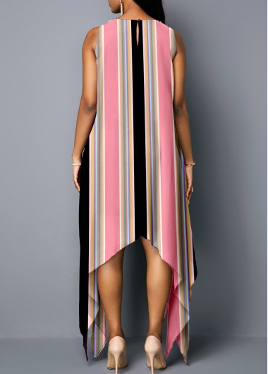 Pink dresses,Striped dresses,ROTITA Pink Embellished Neck Stripe Print Dress