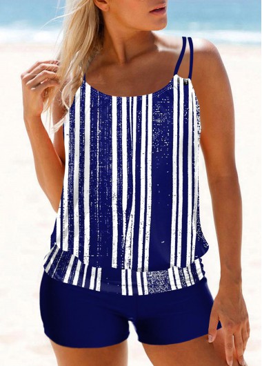 Navy swimwear,Striped swimwear,ROTITA Navy Blue Stripe Print Tankini Set