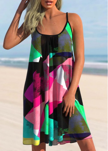 Multi Color swimwear,Geometric swimwear,ROTITA Geometric Print Spaghetti Strap Cover Up Dress