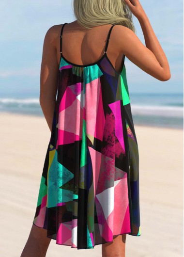 Multi Color swimwear,Geometric swimwear,ROTITA Geometric Print Spaghetti Strap Cover Up Dress