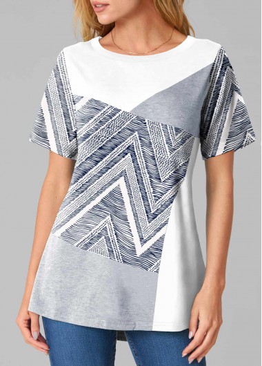Grey tops,Chevron tops,ROTITA Round Neck Contrast Chevron Print Grey T Shirt