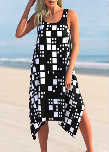 Multi Color swimwear,Geometric swimwear,ROTITA Color Block Geometric Print Asymmetric Hem Cover Up Dress