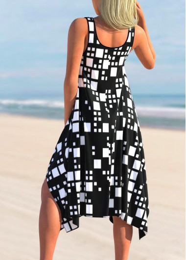 Multi Color swimwear,Geometric swimwear,ROTITA Color Block Geometric Print Asymmetric Hem Cover Up Dress